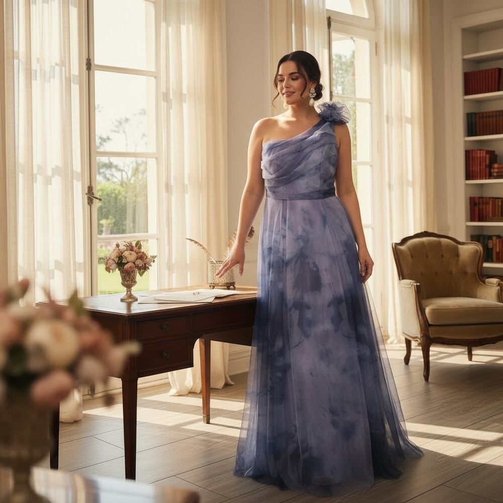 Rene Ruiz Collection Blue‑Lavender Watercolor One‑Shoulder Gown – Size 14, NWT